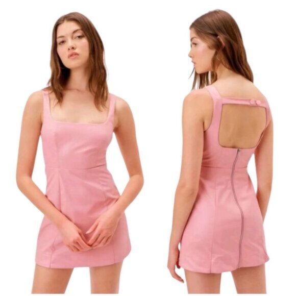 For Love & Lemons Talia Pink Faux Leather Open Back A-Line Mini Dress - Picture 15 of 15